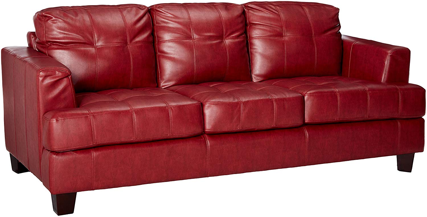 red leather effect sofa